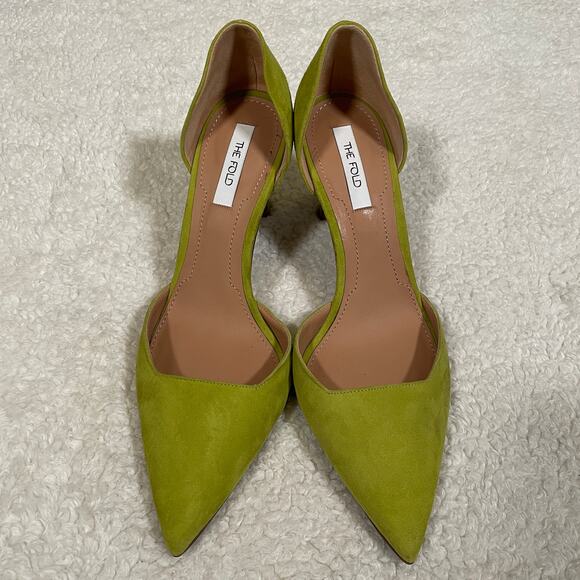 The Fold London Treviso Suede Heels D'Orsay Chartreuse Green Pointed Toe 39 8.5 - Picture 3 of 8